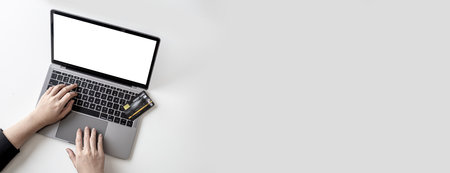 The concept of using credit cards to pay for goods or services on online websites, online shopping by credit card. Concept of using a credit card. Panorama banner background with copy space.の写真素材