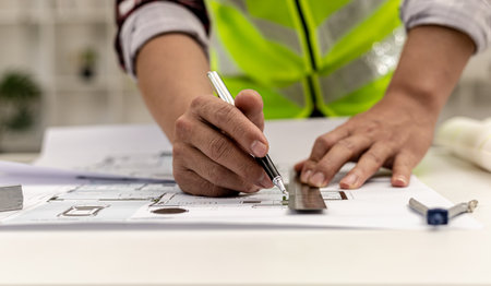 Architect uses a ruler to measure the blueprints of the houses he designed, designing the buildings according to the standards and the law, designing the houses according to the needs of the residentsの写真素材