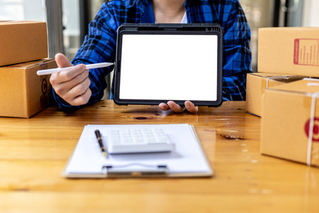 Person holding a tablet and having a meeting, on a blank white background tablet screen for illustration, mockup screen for further editing can be used for a variety of tasks. copy space.の写真素材