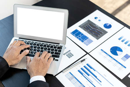 Person typing on laptop keyboard, on laptop screen blank white background for illustration, mockup...