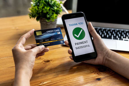 Person holding a smartphone at the screen of an online payment website, using a smartphone to pay...