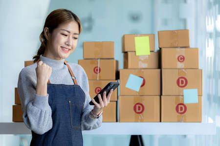 A beautiful Asian business owner opens an online store, she is checking orders from customers,...