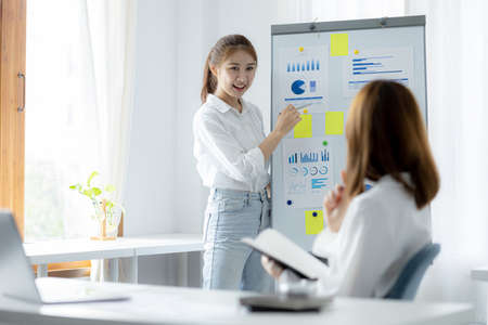Atmosphere in the office of a startup company, two female employees are discussing, brainstorming ideas to work on summaries and marketing plans to increase sales and prepare reports to managers.の写真素材