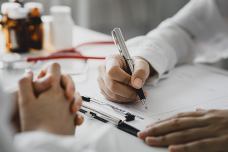 Doctor shook hands to encourage the patient after informing the results of the examination and informing the patients about treatment guidelines and prescribing medicines. Disease examination concept.の写真素材