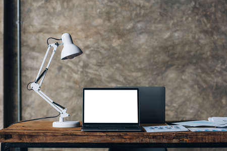 startup company desk, blank computer screen, empty office, office room in marketing worker's office, desk with office equipment for work, window desk. Office desk placement ideas.の写真素材