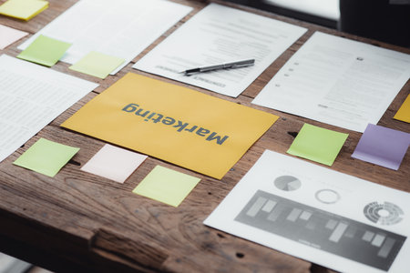 Marketing department meeting table, on the table there are documents for marketing planning meeting and summary of marketing department performance, meeting to analyze the company's target customers.の写真素材