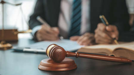 Small hammer gavel on the desk in the lawyer's room, using the law to judge with fairness and justice, defending the lawyer's case against the client. Concept of law and justice.の写真素材