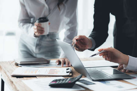 Groups of people joining in discussions, business meetings, startup company sales team meetings, brainstorming and summary of company performance. Business strategy management concept.の写真素材