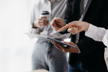 Groups of people joining in discussions, business meetings, startup company sales team meetings, brainstorming and summary of company performance. Business strategy management concept.の写真素材