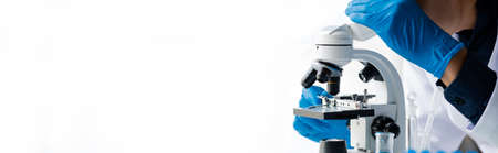 Laboratory assistants are investigating chemical reactions, medical scientists, chemical researchers, chemical experiments and disease testing from patient blood samples. Medicine and research conceptの写真素材