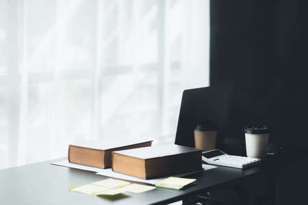startup company desk, empty office, office room in marketing worker's office, desk with office...