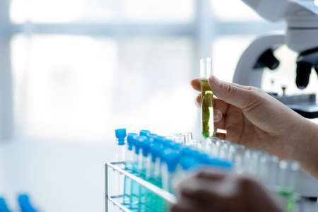 A laboratory assistant, a medical scientist, a chemistry researcher holds a test tube of chemicals...