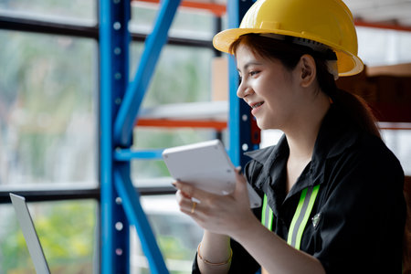 Asian female worker wearing a safety vest is in a warehouse, checking orders and checking balances in a computer system. The concept of working in the warehouse and working in the warehouse is safe.の写真素材