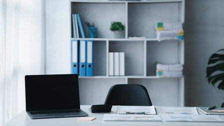 startup company desk, blank computer screen, empty office, office room in marketing worker's office, desk with office equipment for work, window desk. Office desk placement ideas.の写真素材