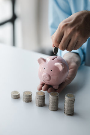 Person with pile of coins and piggy bank, money saving concept for future use and financial...