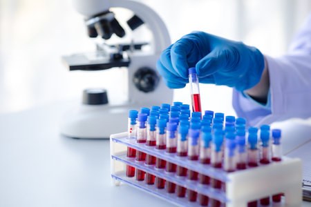 Lab assistant, a medical scientist, a chemistry researcher holds a glass tube through the blood...