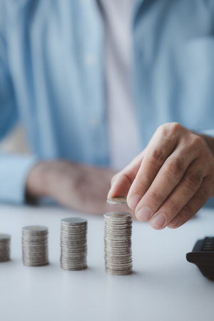 Person with pile of coins and piggy bank, money saving concept for future use and financial...
