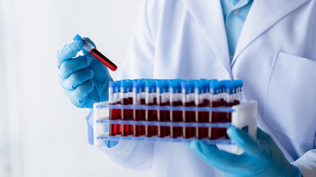 Lab assistant, a medical scientist, a chemistry researcher holds a glass tube through the blood...