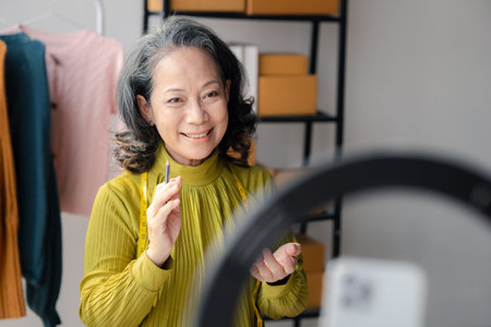 Elderly women are designers who make clothes, she is the owner of a female fashion clothing store and designs clothes and cutting sets, selling products through online and live websites.の写真素材