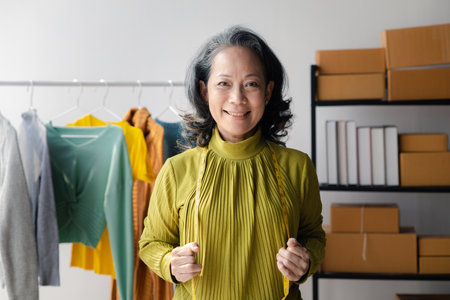 Elderly women are designers who make clothes, the owner of the shop, she is the owner of a female fashion clothing store and designs clothes and cutting the dress by herself, selling products online.の写真素材