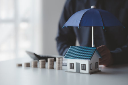 Individuals holding small umbrellas and model homes, housing insurance against impending loss and fire, building fire insurance, home and real estate insurance concepts.の写真素材
