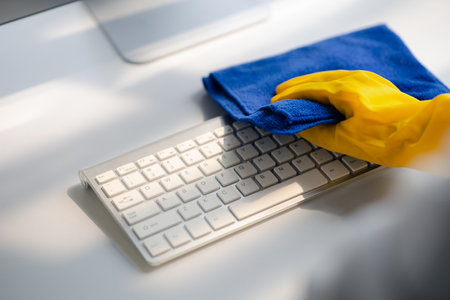 Person cleaning room, cleaning worker is using cloth to wipe computer keyboard in company office...
