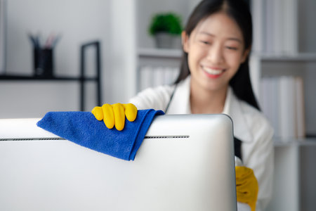Person cleaning room, cleaning worker is using cloth to wipe computer screen in company office room. Cleaning staff. Concept of cleanliness in the organization.の写真素材