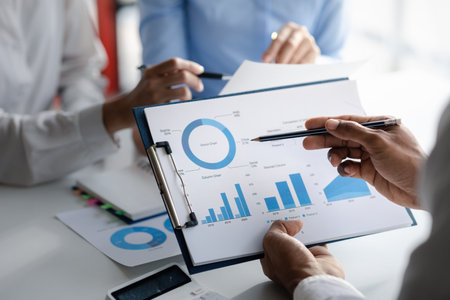 Company meeting room has businessmen and finance managers meeting together on finance topics, they...