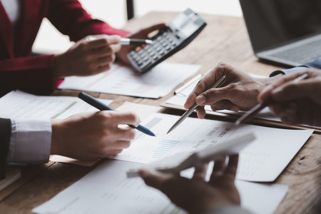 Groups of people joining in discussions, business meetings, startup company sales team meetings, brainstorming and summary of company performance. Business strategy management concept.の写真素材