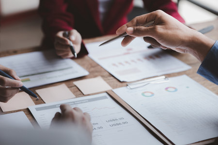 Groups of people joining in discussions, business meetings, startup company sales team meetings, brainstorming and summary of company performance. Business strategy management concept.の写真素材