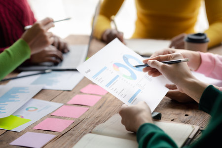 The meeting between co-founders of startups, startup company sales team meetings, brainstorming and summary of company performance. Business strategy management concept.の写真素材