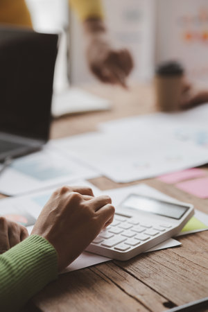 The meeting between co-founders of startups, startup company sales team meetings, brainstorming and summary of company performance. Business strategy management concept.の写真素材