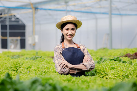 woman in the hydroponic vegetable farm grows wholesale hydroponic vegetables in restaurants and supermarkets, organic vegetables. new generations growing vegetables in hydroponics conceptの写真素材