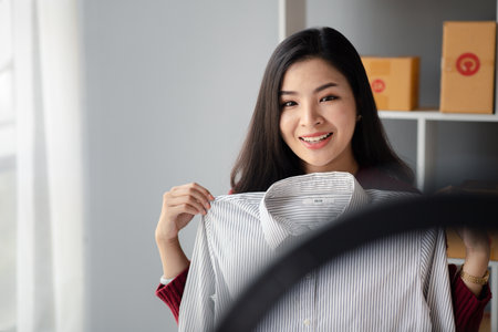 People are going live selling products, selling products online, packing orders from customers who order through online selling sites. Concept of selling products online and e-commerce.の写真素材