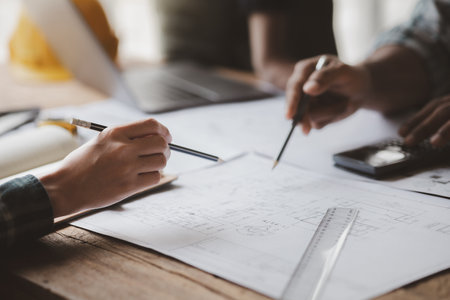 Architects and engineers are working together to edit the draft house plan that was designed after it was presented to the client and partially revised the design. Interior design and decoration ideasの写真素材