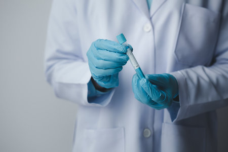 Lab assistant, a medical scientist, a chemistry researcher holds a glass tube through the blood sample, does a chemical experiment and examines a patient's blood sample. Medicine and research concept.の写真素材