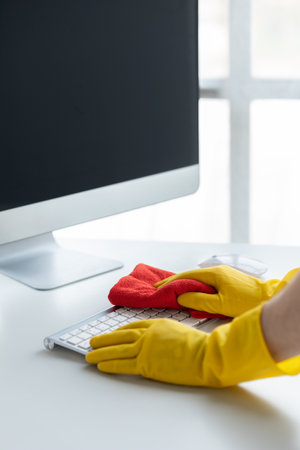 Person cleaning room, cleaning worker is using cloth to wipe computer keyboard in company office...
