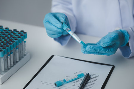 Lab assistant, a medical scientist, a chemistry researcher holds a glass tube through the blood sample, does a chemical experiment and examines a patient's blood sample. Medicine and research concept.の写真素材