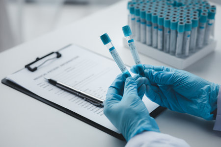 Lab assistant, a medical scientist, a chemistry researcher holds a glass tube through the blood...