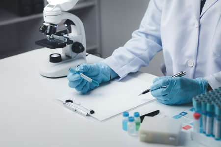 Lab assistant, medical scientist, chemistry researcher holds a glass tube through a chemical test...