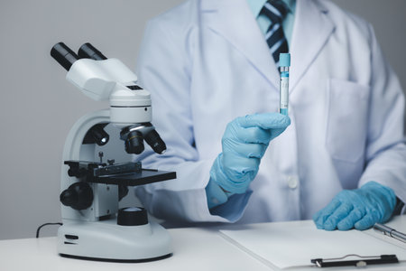 Lab assistant, medical scientist, chemistry researcher holds a glass tube through a chemical test...