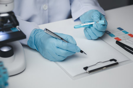 Lab assistant, medical scientist, chemistry researcher holds a glass tube through a chemical test tube, does a chemical experiment and examines a patient's sample. Medicine and research concept.の写真素材