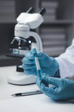 Lab assistant, medical scientist, chemistry researcher holds a glass tube through a chemical test tube, does a chemical experiment and examines a patient's sample. Medicine and research concept.の写真素材