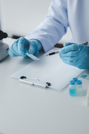 Lab assistant, medical scientist, chemistry researcher holds a glass tube through a chemical test tube, does a chemical experiment and examines a patient's sample. Medicine and research concept.の写真素材