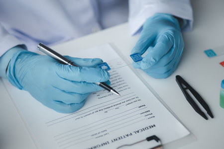 Lab assistant, medical scientist, chemistry researcher holds a glass tube through a chemical test tube, does a chemical experiment and examines a patient's sample. Medicine and research concept.の写真素材