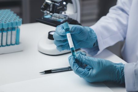 Lab assistant, medical scientist, chemistry researcher holds a glass tube through a chemical test...