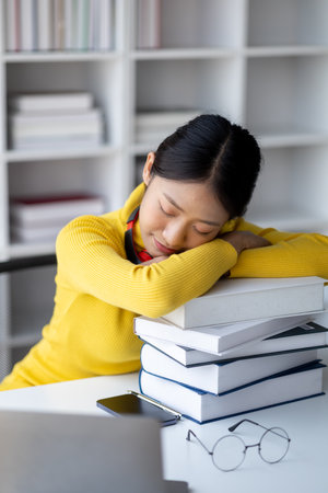 Asian teenage woman sitting in white office with laptop, she is a student studying online with...