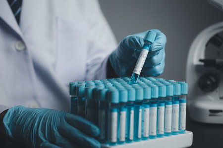 Lab assistant, medical scientist, chemistry researcher holds a glass tube through a chemical test tube, does a chemical experiment and examines a patient's sample. Medicine and research concept.の写真素材