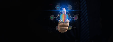 Businessman with encrypted hologram to enter business management system, encryption secure sensitive...