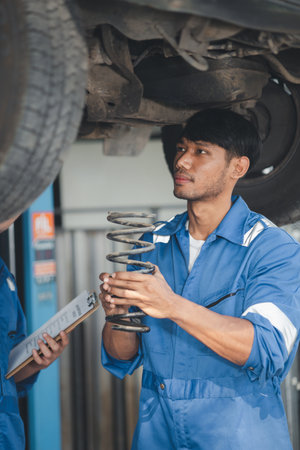 Two professional car mechanics helping to repair shock absorbers and car suspension, all kinds of car experts, expert auto repair and accredited auto repair center.の写真素材